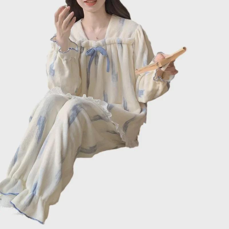 Dámské zimní flanelové pyžamo: Dlouhý rukáv, Teplý, S plusovým sametem, Ležérní domácí oblek