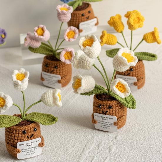 Crochet Potted Flower with Positive Card Emotional Support Handmade Knitting