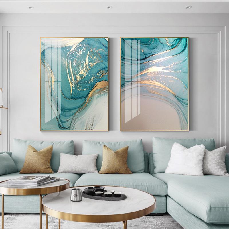 Nordic Luxury Blue Canvas Painting Modern Home Abstract Gold Poster and Print Wall Art Picture for Living Room Decoration No Frame