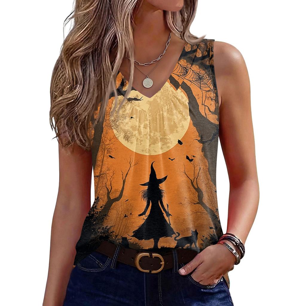 Women's Sleeveless V-Neck Halloween Print Tank Top for Casual Wear