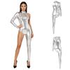 Single Long Sleeve Asymmetrical Bodysuit with Back Invisible Zipper Metallic Shiny Finish for Women Club Carnival Rave Party
