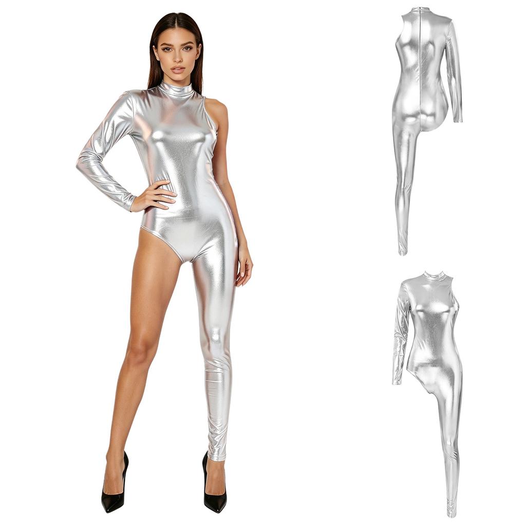 Single Long Sleeve Asymmetrical Bodysuit with Back Invisible Zipper Metallic Shiny Finish for Women Club Carnival Rave Party