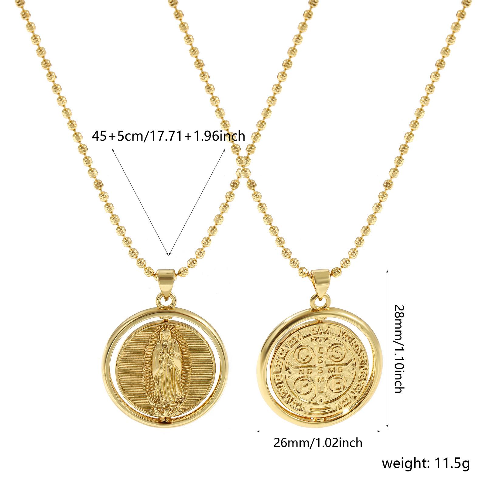

Brass Religious Ball Chain Round Pendant Charm Necklace 45cm+ 5cm St. Benedict Medal Virgin Mary Double-sided Rotatable Necklace