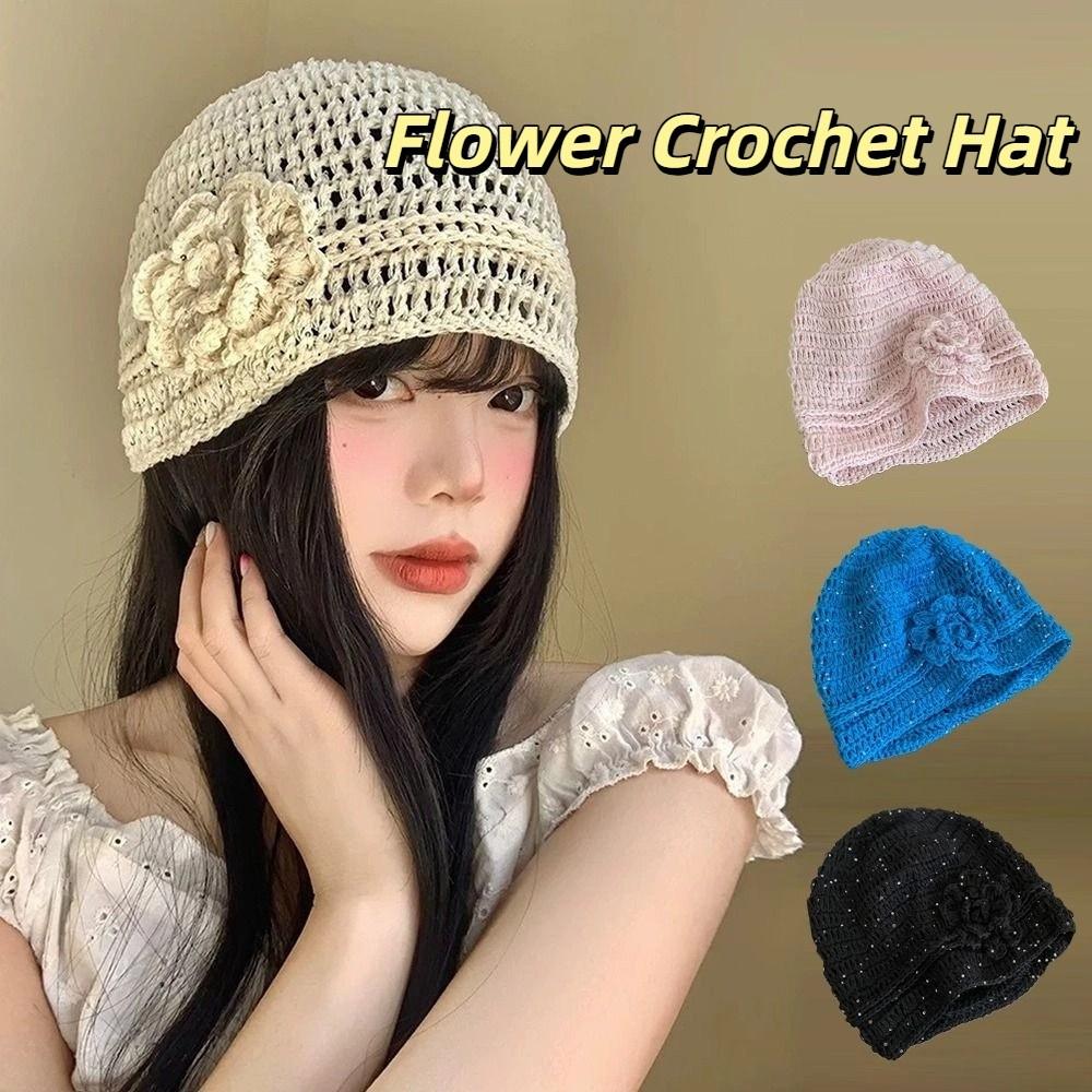 Y2k Flower Knitted Caps Hand-woven Beanies Cap Casual Sequin Crochet Hat  Spring Summer
