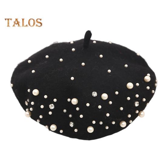 Women Beret Faux Pearl Rhinestone Decor Vintage English Style Woolen Hat No Brim Solid Color Adjustable Straps Pumpkin Cap