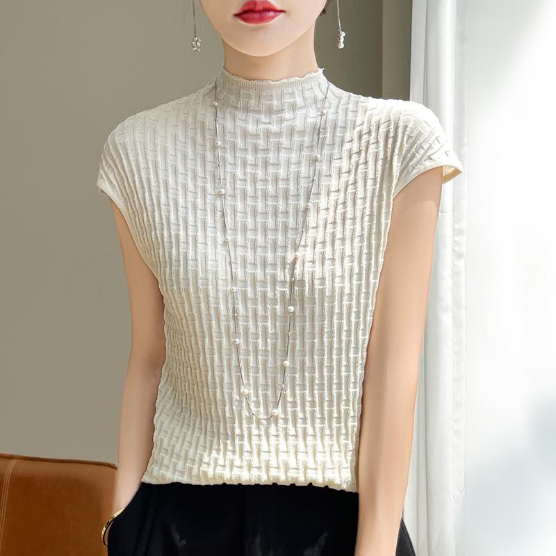 Women T-shirt Tank Summer Knitted T-shirt Short Sleeve Tees Basic Tees Knit Top Pullover Turtleneck Female