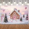 Enchanted Pink Christmas Photography Background Candy Gingerbread House Xmas Tree Snowfield Snowman Party Decor Photo Backdrop7