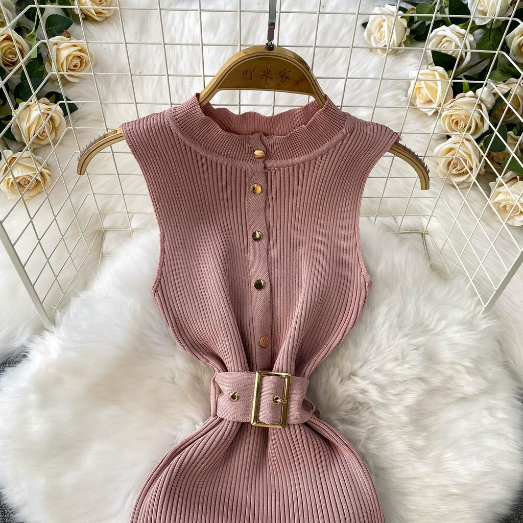 Summer Women Sleeveless Single Breasted Office Work Knitted Sweater Sheath Dresses with Belt