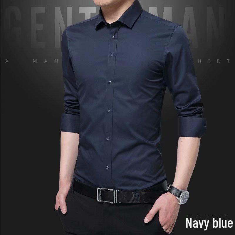 

Мужская приталенная белая рубашка с длинным рукавом - модный корейский деловой стиль XL темно-синий