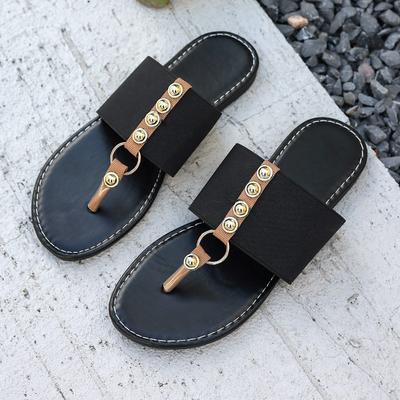 Damen Flache Sandalen Sommer Neu Runde Zehenspitze Zehensteg Nieten Metallring Weiche Sohle Rutschfest Abriebfest Pantoletten