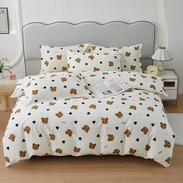Cute Bear 100% Cotton Duvet Cover Cartoon Theme Bedding Set Kawaii Animal Comforter Cover Heart Print Bed Sets with 2 Pillowcase