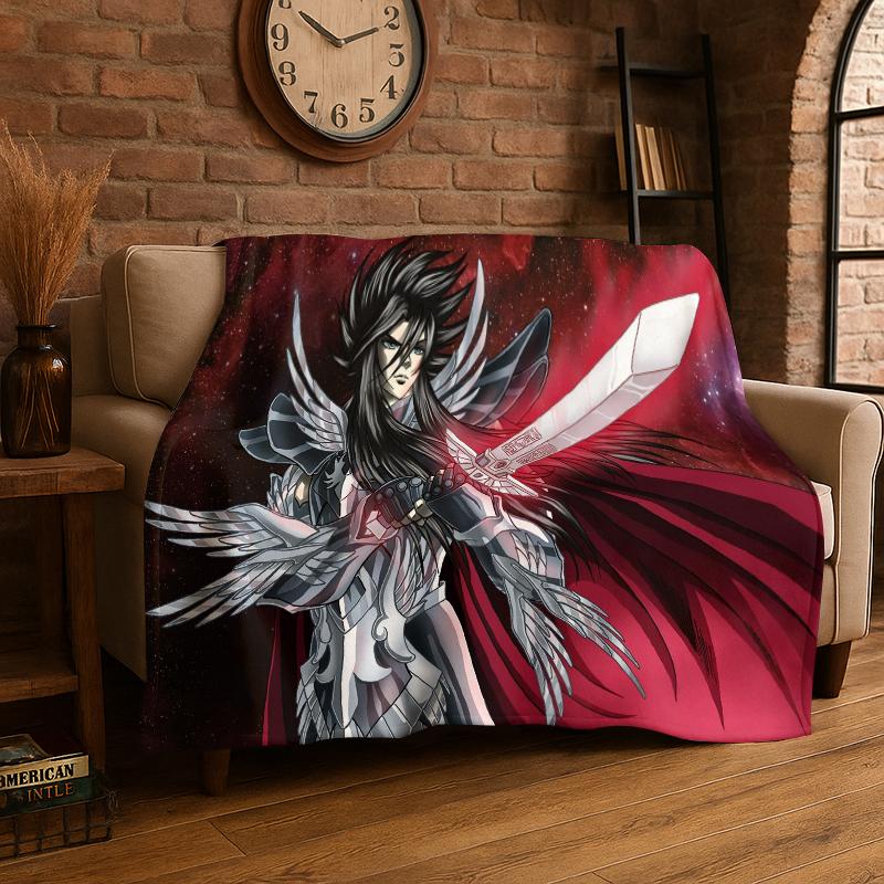 Retro Saint Seiya Anime Cartoon Flannel Blanket Soft Warm Throw Blanket for Bedroom Living Room Bed Travel Camping Picnic Gift