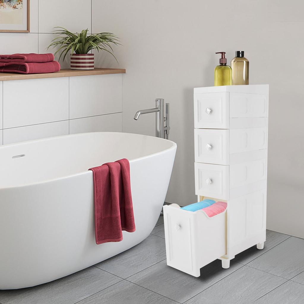 Tall Bathroom Floor Cabinet with 4 Tiers, Narrow Slim PP Storage Organizer, Free Standing Cabinet, Modern White Storage Shelf
