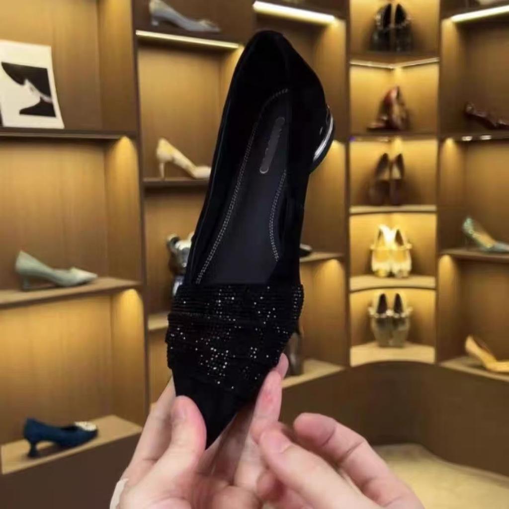 2025 Autumn French Rhinestone Temperament Pointed Head Low Heel Single Shoes Women's New Versatile Light Luxury Shoes Soft Sole Women's Shoes