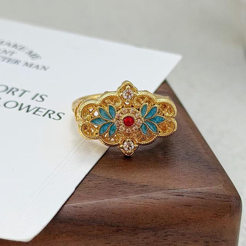 

Medieval Vintage Court Style Enamel Gradual Change Opening Ring Gourd Light Luxury Flower Niche High Sense Ring Adjustable opening