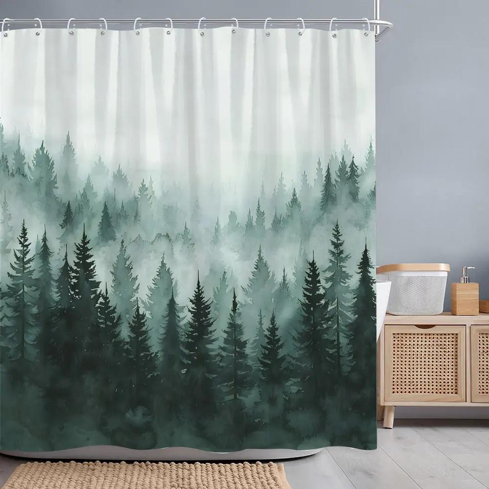 Misty Forest Shower Curtain Dreamy Rainforest Watercolour Print Polyester Fabric Shower Curtains Bathroom Decoration with Hooks