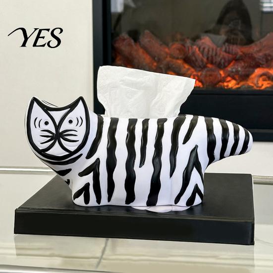 Tissue Box with Storage Box, Striped Cat Shape Dispenser, Ample Interior Living Room Space Vinyl Case, Compact Decorative Durable Paper Holder for Car