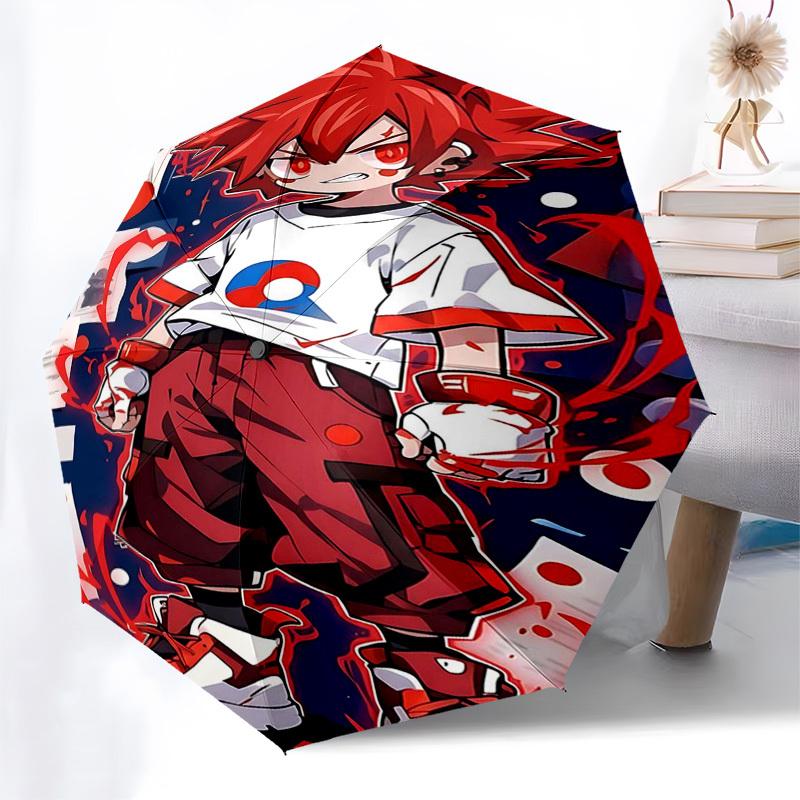 1pc Red-Haired Anime Character with Blue Circle Logo: Automatic Opening Folding Umbrella, 8 Bone Iron Frame, Portable Design for Outdoor Use, Ideal Gi