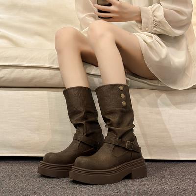 British Style Retro Belt Buckle Round Head Leather Boots Thick Heel Versatile Medium Boots Women's 2025 Autumn and Winter Temperament Martin Boots