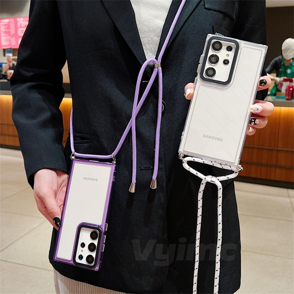 Shockproof  Strap Phone Case For Samsung Galaxy S24 Ultra S23 Plus S22 S21 S20 FE A24 A54 A14 Crossbody Cord Lanyard Clear Cover