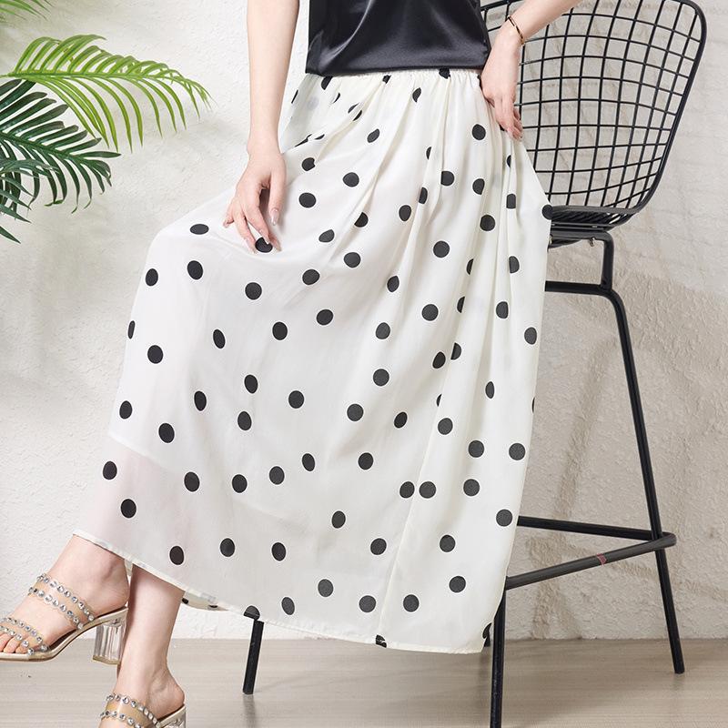 Polka dot printed white silk skirt women's  new loose tendon waist mulberry silk skirt