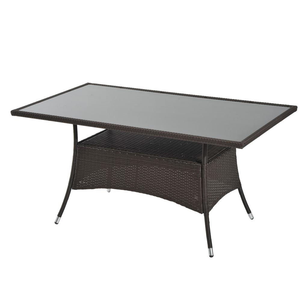 Garden Table Glass Table Dining Table Garden Furniture Table, Poly Rattan+Safety Glass, Brown+Black, 150x85x74cm