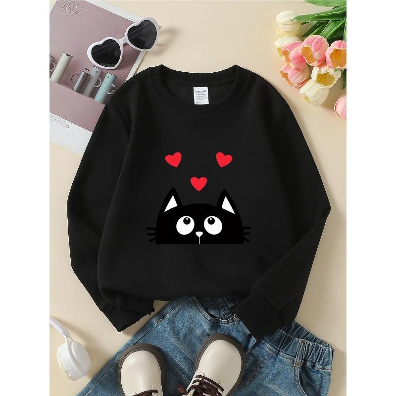 European Sizes Kids' Crewneck Sweatshirt - Black Cat with Red Hearts Background , Sportswear And Casual Wear, Soft And Comfortable