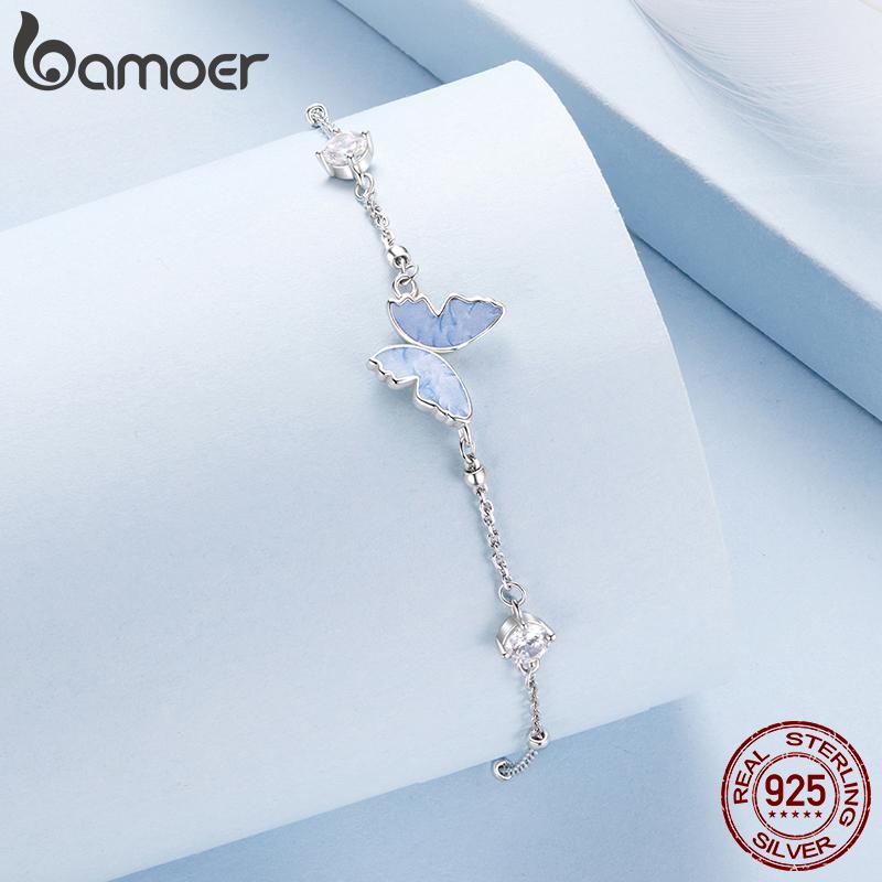 Bamoer 925 Silver Butterfly Charm Bracelet Lightweight CZ Beads Link Chain for Women Teens Gift Natural Wrist Decor