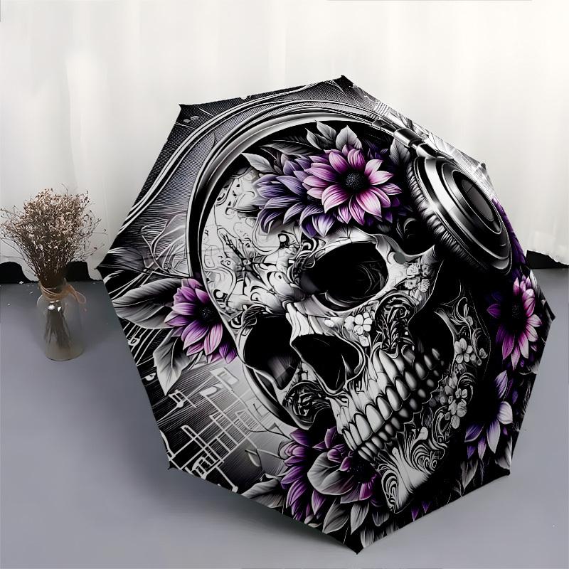 Skull,Music Automatic Folding Umbrella Compact 8 rib Design,Unique Style,Suitable for Everyday Outdoor Use,Perfect Gift for Friends an