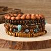 Turquoise Wood Bead Multilayer Elastic Bracelet Set - Retro European & American Style, 5-Piece