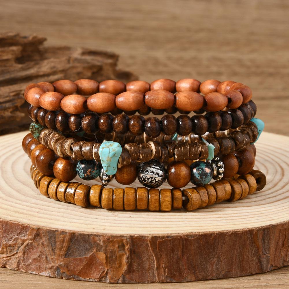 Turquoise Wood Bead Multilayer Elastic Bracelet Set - Retro European & American Style, 5-Piece