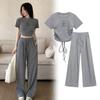 Completo casual estivo da donna a maniche corte sottile, stile fragranza, con pantaloni a gamba larga, set sportivo due pezzi