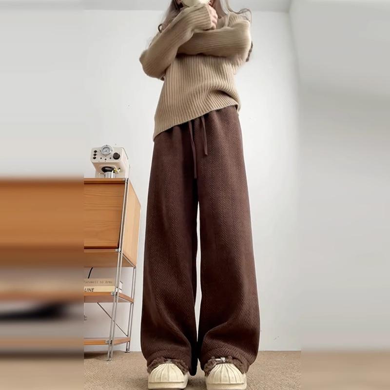 Pantalones de Café de Pierna Ancha y Cintura Alta para Mujer - Versátiles para Primavera, Otoño e Invierno con Terciopelo Plus, Corte Holgado, Estilo Casual Drapeado.