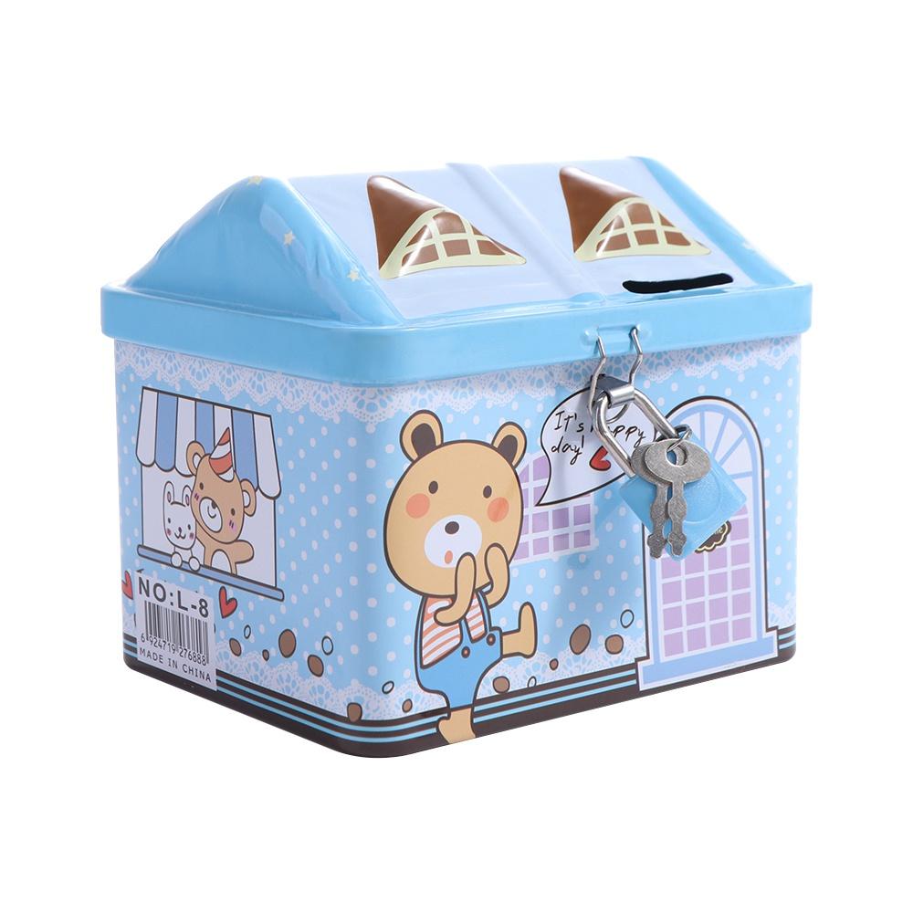 With Key Lock House Shape Piggy Bank Metal Coin Safe Storage Box House Coin Box  Home