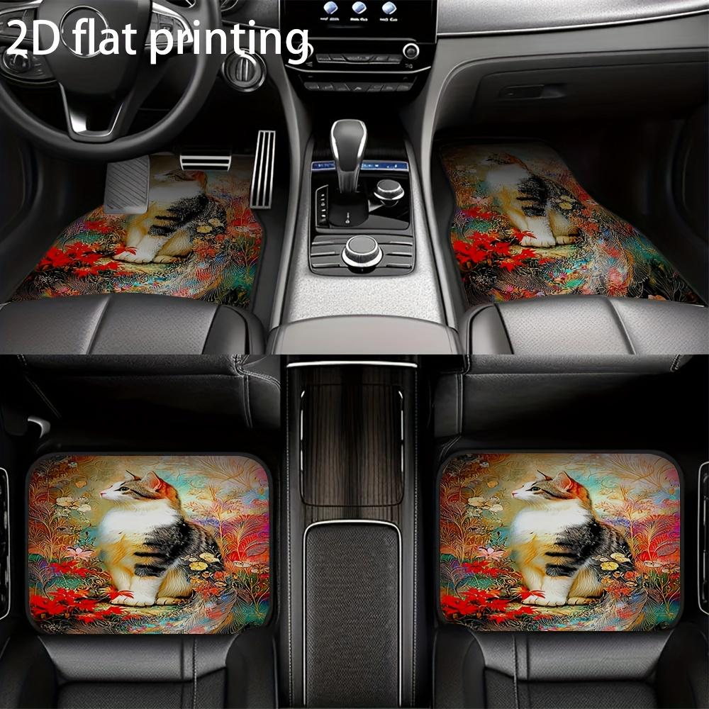 4 Stück Ganzjahres-Autofußmatten mit Kaliko-Katze & Japanisch inspiriertem Blumendesign - Rutschfest, Langlebig, Passend für Vorder- und Rücksitze,