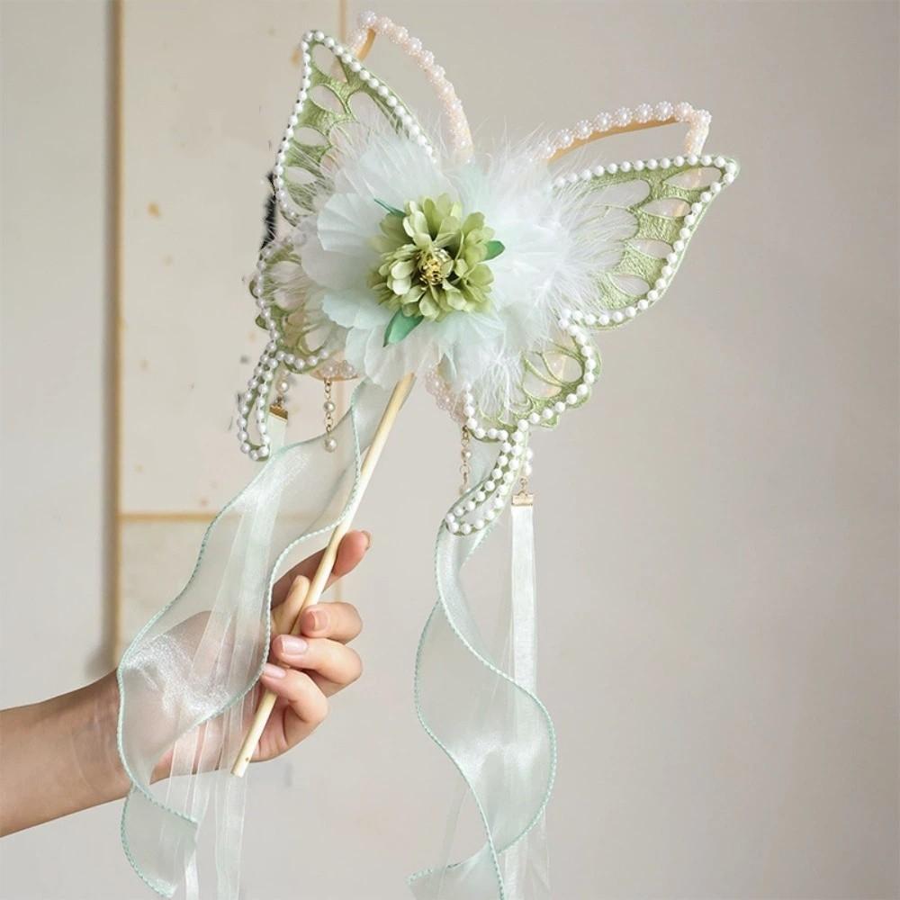 Традиционный шелковый веер с цветами Пушистый веер с вышивкой Ретро веер с бабочкой Реквизит для фотосъемки зелёный