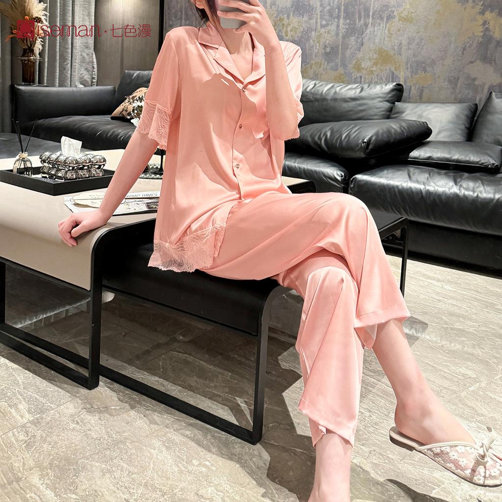 Simple short-sleeve pajama set for women, cool thin women's loungewear, high-end ice silk pajamas for women