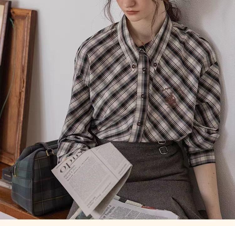 Plaid Law  45° French Retro Embroidered Mist Green Plaid Long-Sleeve Cotton Shirt Medium