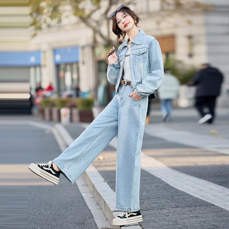 2025 Women's Retro Denim Jacket & Straight-Leg Pants Set for Spring/Autumn