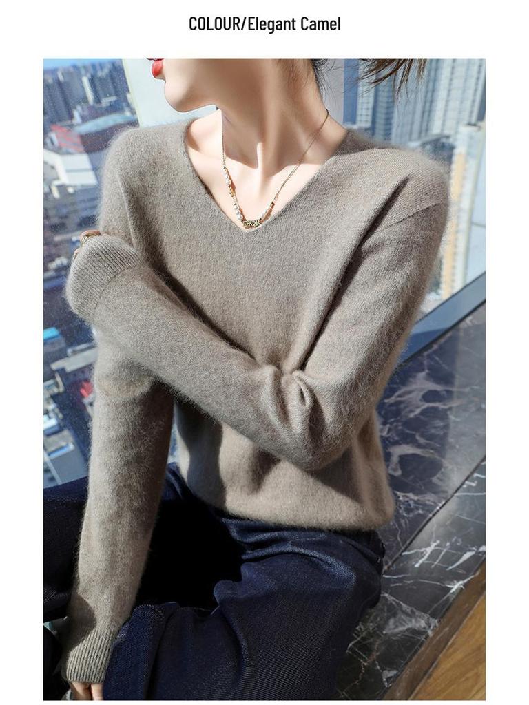 New Seamless Mink Velvet V-Neck Cashmere Sweater for Women - Loose Fit, Solid Color, Short Pullover Knitwear for Autumn and Winter