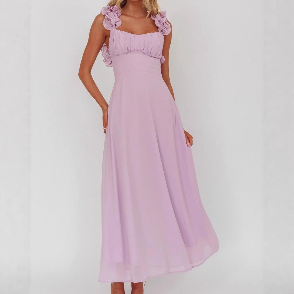 European and American Cross-border New Purple Backless Ruffled Spaghetti Strap Dress for Women, Summer Elegant A-line Long Skirt