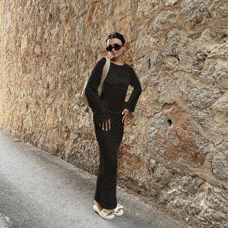 2024 Women's European & American Knitted Beach Dress: Hollow Out, Solid Color, Sexy Backless, Tie-Up, Long Sleeve Maxi Dress & Bikini Cover-Up