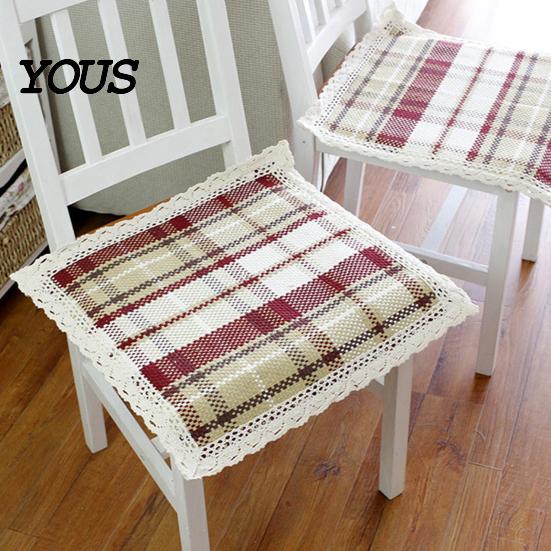 Breathable Office Chair Mat Cotton Linen Pad with Ties, Square Summer Seat Lace Decorative Trim, 15.75" x Washable for Dining Rattan