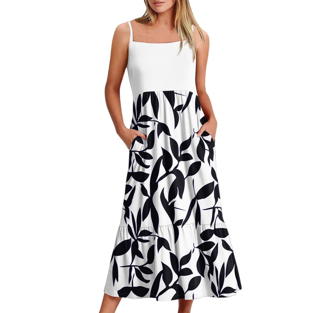 Damen Long Beach Casual Elegant Spaghettiträger Maxikleid Floral Low-Key Fließendes Bohemian Kleid