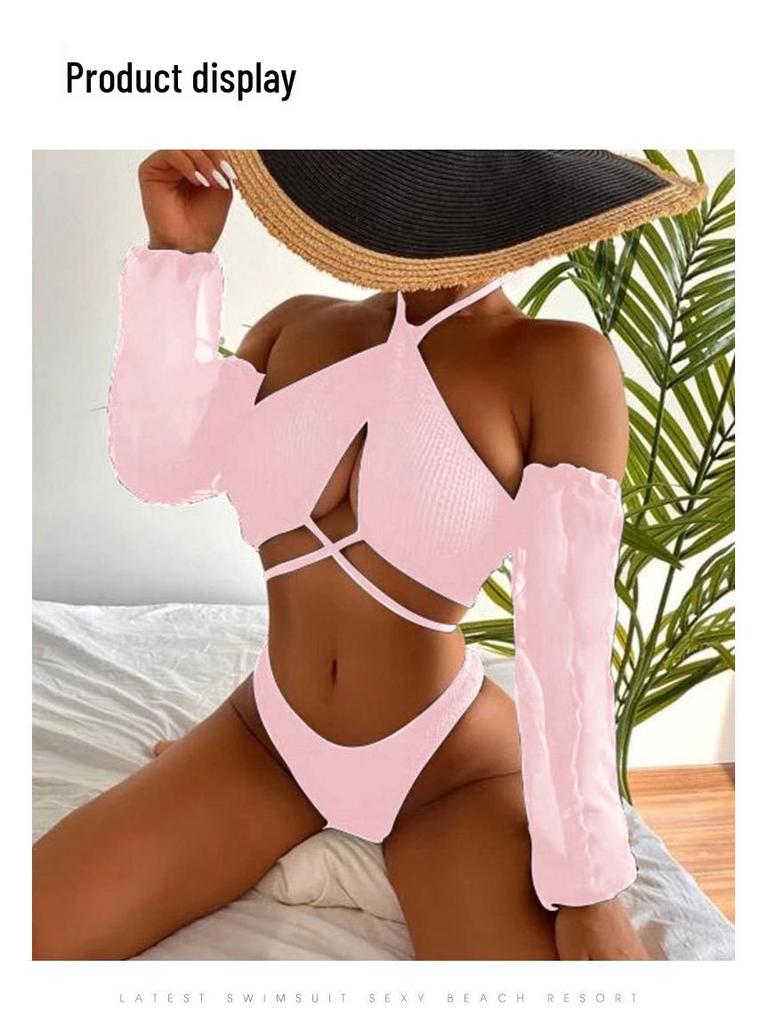 Damen Dreiteiliger Langarm-Bikini-Set - Gestreifter und Einfarbiger Badeanzug