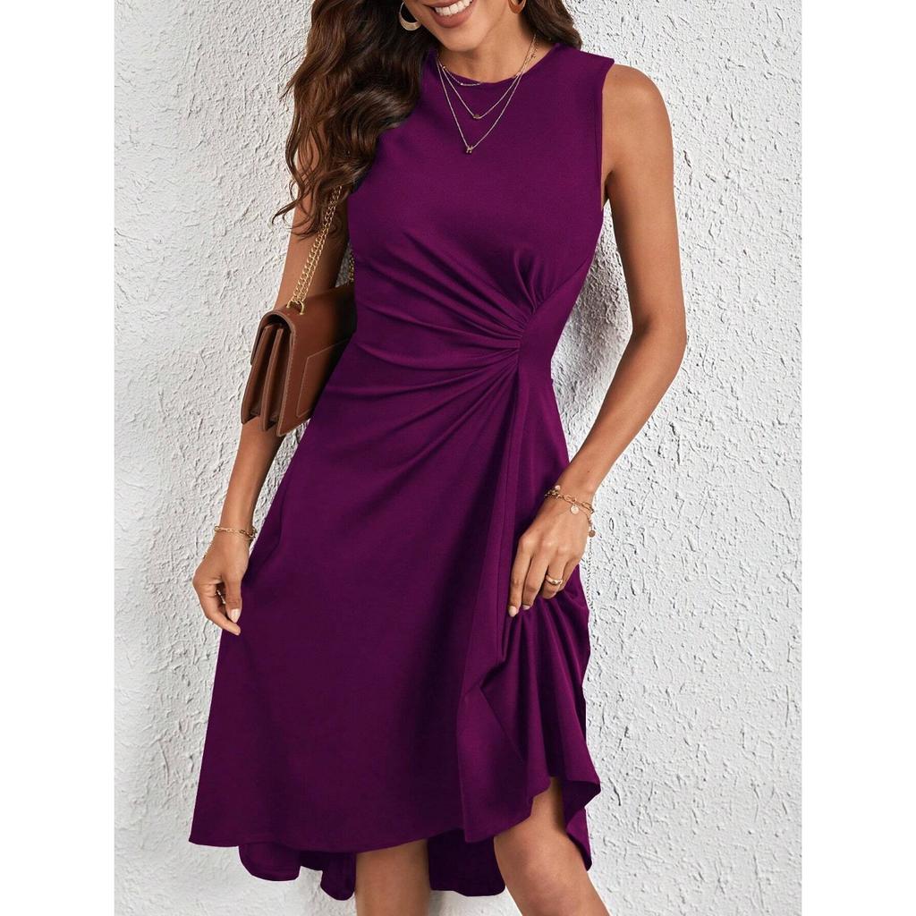 IHUASU Summer Women's Summer Fashion Sleeveless Solid Color A-line Crepe Mid-dress