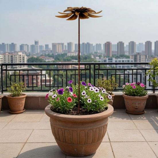 Vintage Iron Flower Plugin, Rustic Garden Decor with Realistic 3D Layered Petals, Weather-Resistant Metal Plant Stakes, for Yard, Lawn & Pots