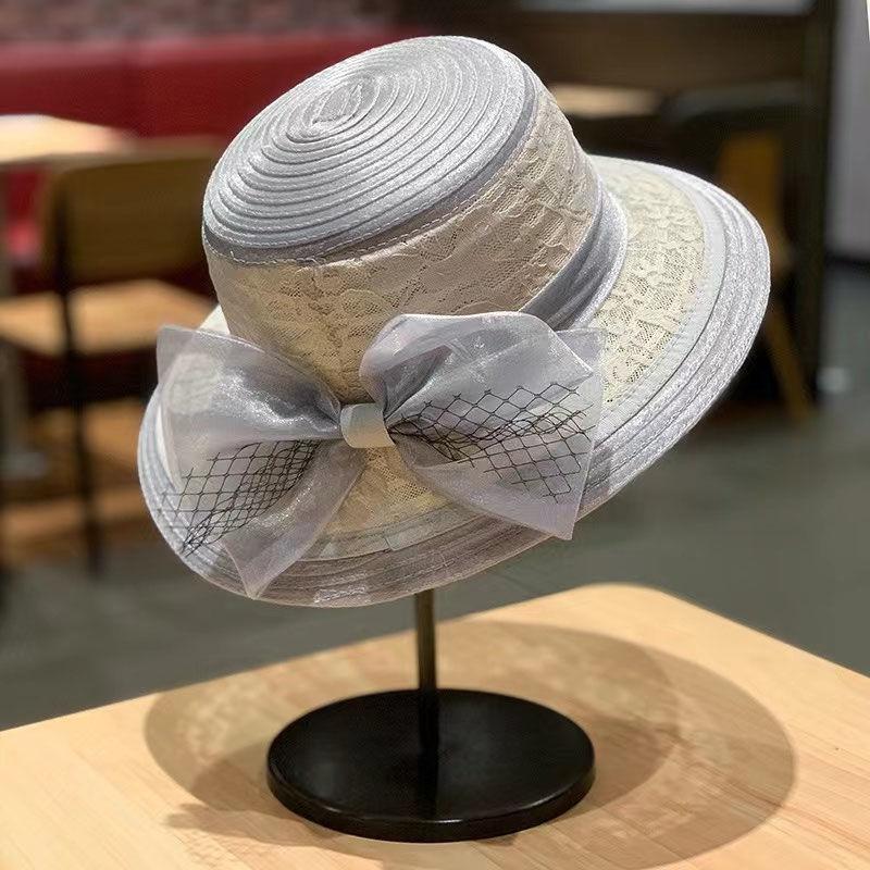 Summer Fashion Lace Mesh Fisherman Hat, Hepburn Style Colorful Retro Bowler Hat Elegant Bow Sun Hat