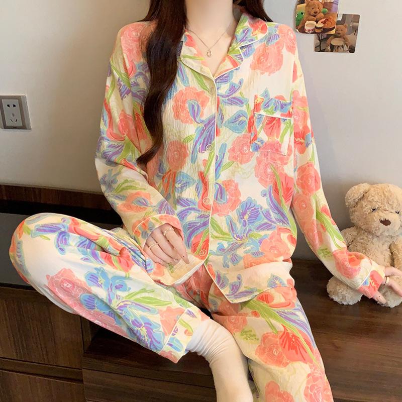 Idyllic Clouds Cotton Edge Princess Collar Pajamas Women'S Long Sleeves Trousers Homewear