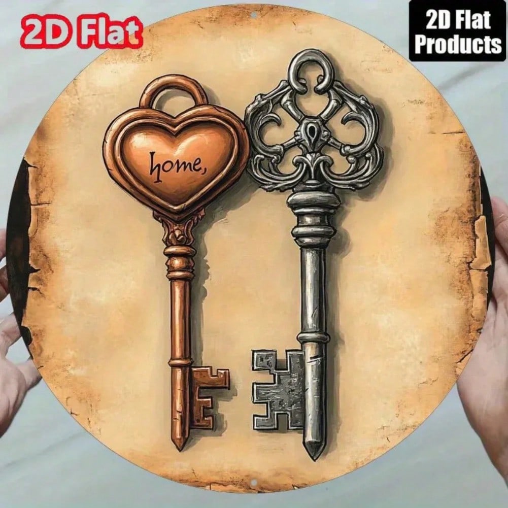 Vintage Heart Double Key Engraved Metal Wall Plaque Art Decor Sign 20x20 разноцветный